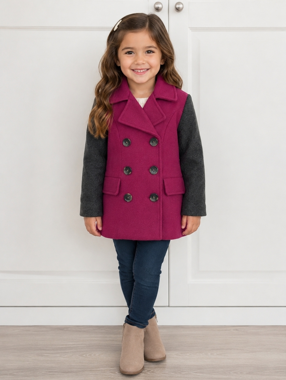 2/$35 Joe Fresh Girls Coat XS 4-5 Magenta Gray Double Breasted Jacket NWT